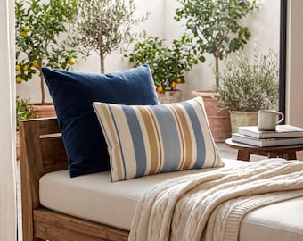 Nordic Blue Stripe Lumbar Pillow | Dusty Blue, Camel & Cream Scandinavian Accent Pillow | Modern Boho Decor