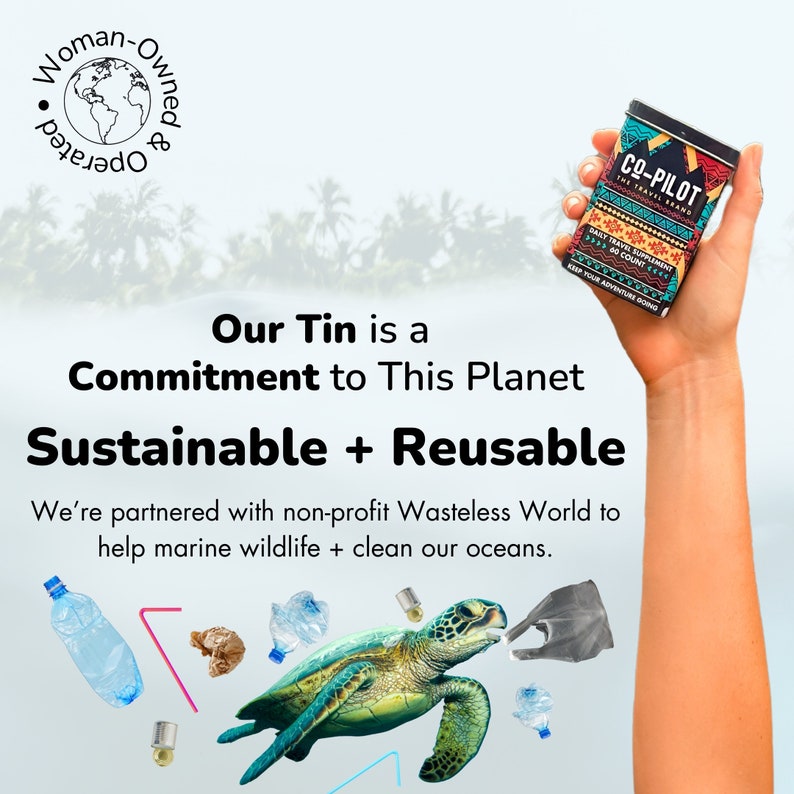May include: A green sea turtle swimming in the ocean with a plastic bag in its mouth. The image is a call to action to help protect marine wildlife and clean our oceans. The text on the image reads "Our Tin is a Commitment to This Planet Sustainable + Reusable We're partnered with non-profit Wasteless World to help marine wildlife + clean our oceans."