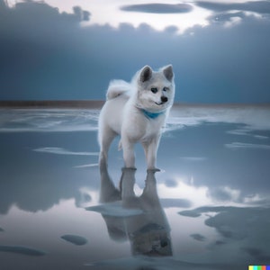 May include: A white dog with blue eyes stands on a reflective surface, looking to the left. The dog is wearing a blue collar and has a fluffy tail. The surface reflects the sky and clouds above.