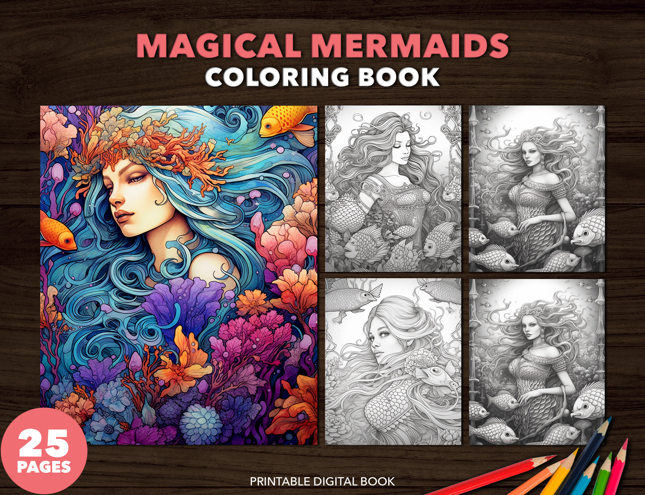 25 Magical Mermaids Coloring Book Adult Coloring Pages Download ...