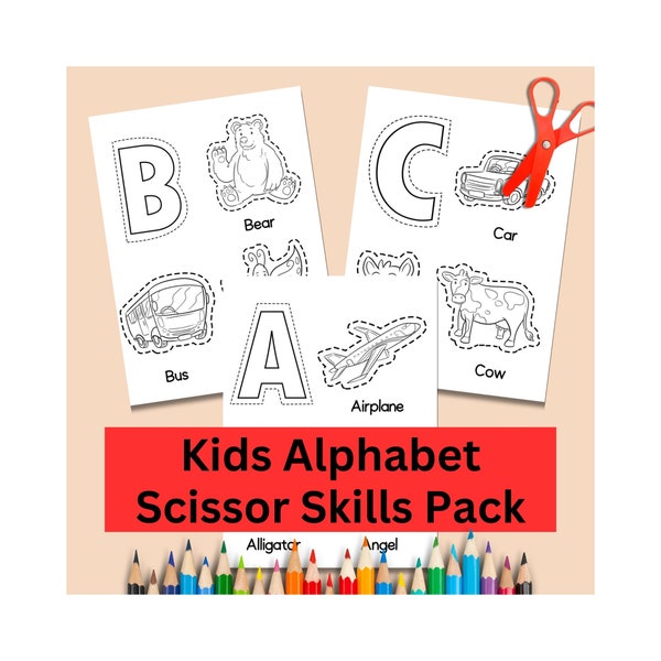 Printable Scissor Skills Kids Cutting Activity Childrens Alphabet Sheets Cut and Color Activity Pages Learning Alphabet Coloring Sheet