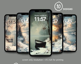 May include: A set of 10 digital phone wallpapers featuring a winter scene with a lake, trees, and a boat. The wallpapers are designed for both iPhone and Android devices. The text "10 DESIGNS" and "20 jpegs total (10 for iphone + 10 for Android)" is included in the image.