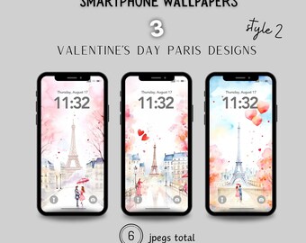 May include: Three watercolor phone wallpapers featuring the Eiffel Tower in Paris, France. Each wallpaper has a pink and blue watercolor background with hearts and a couple walking hand-in-hand. The time on the phone screen is 11:32.