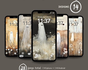 Ghost Vintage Fall iPhone Wallpaper Halloween, Flower Vintage Cute Ghost Aesthetic, Phone Wallpaper Digital Download, Aesthetic iPhone