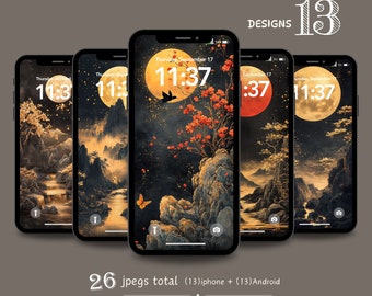 May include: Five smartphones displaying digital wallpapers with a landscape design featuring a full moon, mountains, and trees. The text "SMARTPHONE DIGITAL WALLPAPERS" and "DESIGNS 13" are visible. The image also includes the text "26 jpegs total (13) iphone + (13) Android screen only resolution - it's not for printing."