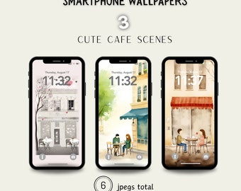 May include: Three digital phone wallpapers featuring cute watercolor illustrations of cafe scenes. Each wallpaper shows a different cafe exterior with a couple sitting at a table outside. The time on the phone screen is 11:32 and 11:37.