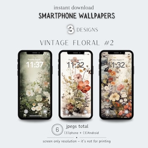May include: Three vintage floral phone wallpapers with a faded, textured background. The wallpapers feature a variety of flowers in shades of white, pink, red, and yellow. The time is displayed on each phone screen: 11:37, 11:32, and 11:32.