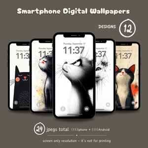 Op de afbeelding: Een set van 12 digitale telefoonachtergronden met zwart-wit illustraties van katten met verschillende uitdrukkingen. De achtergronden zijn ontworpen voor zowel iPhone als Android-telefoons en zijn in totaal 24 jpegs. De tekst op de telefoonschermen luidt "Donderdag 17 september, 11:37".