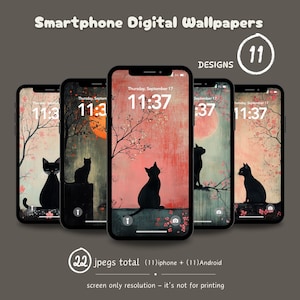 Op de afbeelding: Een set van 11 digitale telefoonachtergronden met een zwarte kat die voor een roze en grijze achtergrond zit met een boom en een volle maan. De achtergronden zijn ontworpen voor zowel iPhone als Android-telefoons. De tekst "Donderdag 17 september" en de tijd "11:37" worden op het telefoonscherm weergegeven.