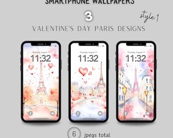 May include: Three watercolor phone wallpapers featuring the Eiffel Tower in Paris, France. The Eiffel Tower is surrounded by pink and red hearts, and the background is a watercolor wash of pink, blue, and white. The time on the phone screen is 11:32. The text "Thursday, August 17" is also visible on the phone screen.