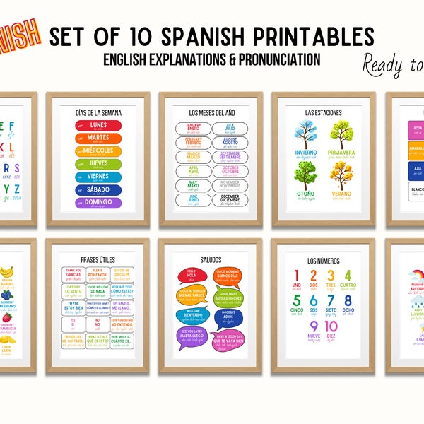 10 Spanish educational posters, English pronunciation, Classroom poster, School printable, Homeschool, Kids Decor, Digital download