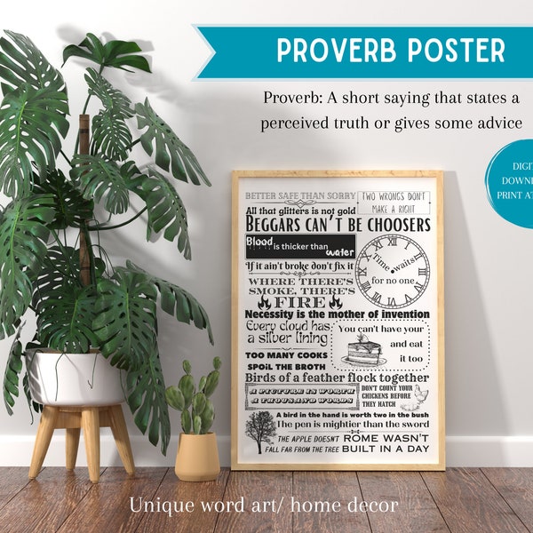 Proverbs poster - word art, Unique home decor, Black and white wall decor, English classroom, Digital download