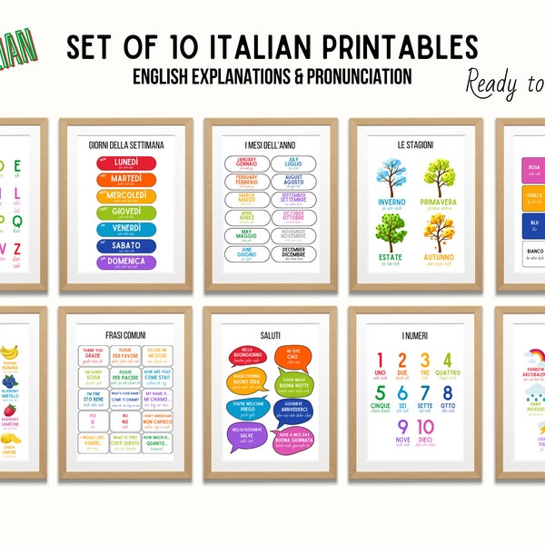 10 Italian educational posters, English pronunciation, Classroom poster, School printable, Homeschool, Kids Decor, Digital download