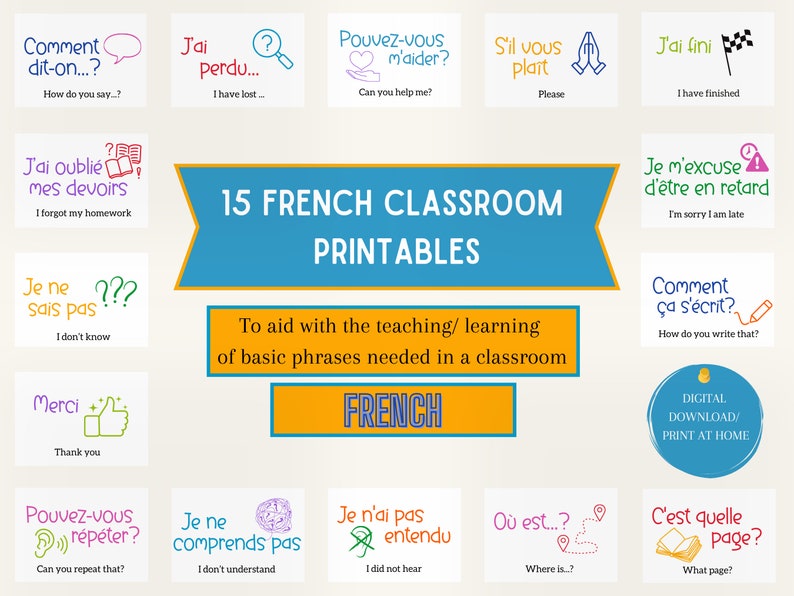 15 French Classroom Phrases Printable Posters Digital Download