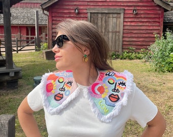 Detachable Face Colorful Peter Pan Collar, Removable Fringed Collar, Handmade Accessory, Oversized Collar,Wearable Art