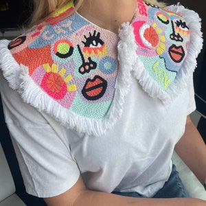 Detachable Face Colorful Peter Pan Collar, Removable Fringed Collar, Handmade Accessory, Oversized Collar,Wearable Art image 5