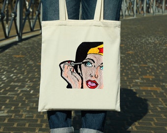 DC Comics Cotton Tote Bag, Punch Needle Shoulder Bag, Organic Tote, Wonder Women Pop Art Tote Bag,