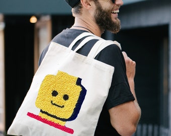Lego Man Cotton Tote Bag, Punch Needle Shoulder Bag, Organic Tote,Gift For Him,