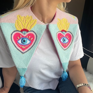 Evil Eye in Pink Heart Detachable Collar,Oversize Peter Pan Collar,Removable Collar,Designer Collar,Gift,Embroidered Collar,Valentines Day image 2