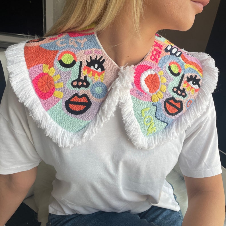 Detachable Face Colorful Peter Pan Collar, Removable Fringed Collar, Handmade Accessory, Oversized Collar,Wearable Art image 4