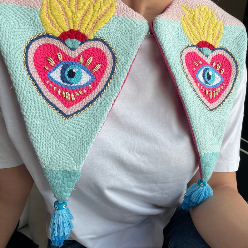 Evil Eye in Pink Heart Detachable Collar,Oversize Peter Pan Collar,Removable Collar,Designer Collar,Gift,Embroidered Collar,Valentines Day image 4