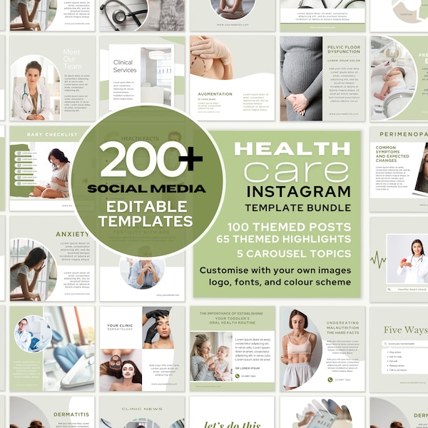 200+ Green Aesthetic Healthcare Instagram Templates | Doctor Clinic Branding Posts | Medical Social Media Posts | Instagram Template Bundle