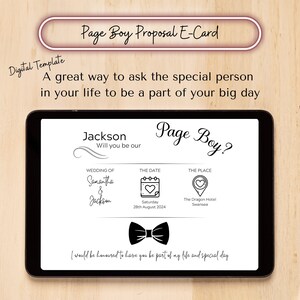 Könnte beinhalten: Eine schwarz-weiße digitale Karte mit dem Text "Page Boy?" und einer Fliege. Die Karte fragt "Jackson, willst du unser Page Boy sein?" für die Hochzeit von Samantha und Jackson am Samstag, den 28. August 2024 im Dragon Hotel in Swansea.