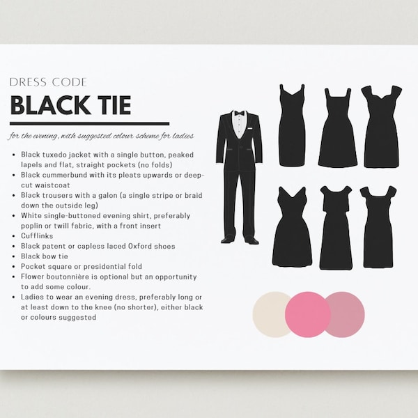 EDITABLE TEMPLATE | Black Tie Dress Code Guide for Weddings Parties Formal and Special Occasions | Suggested Colour Scheme | Planner