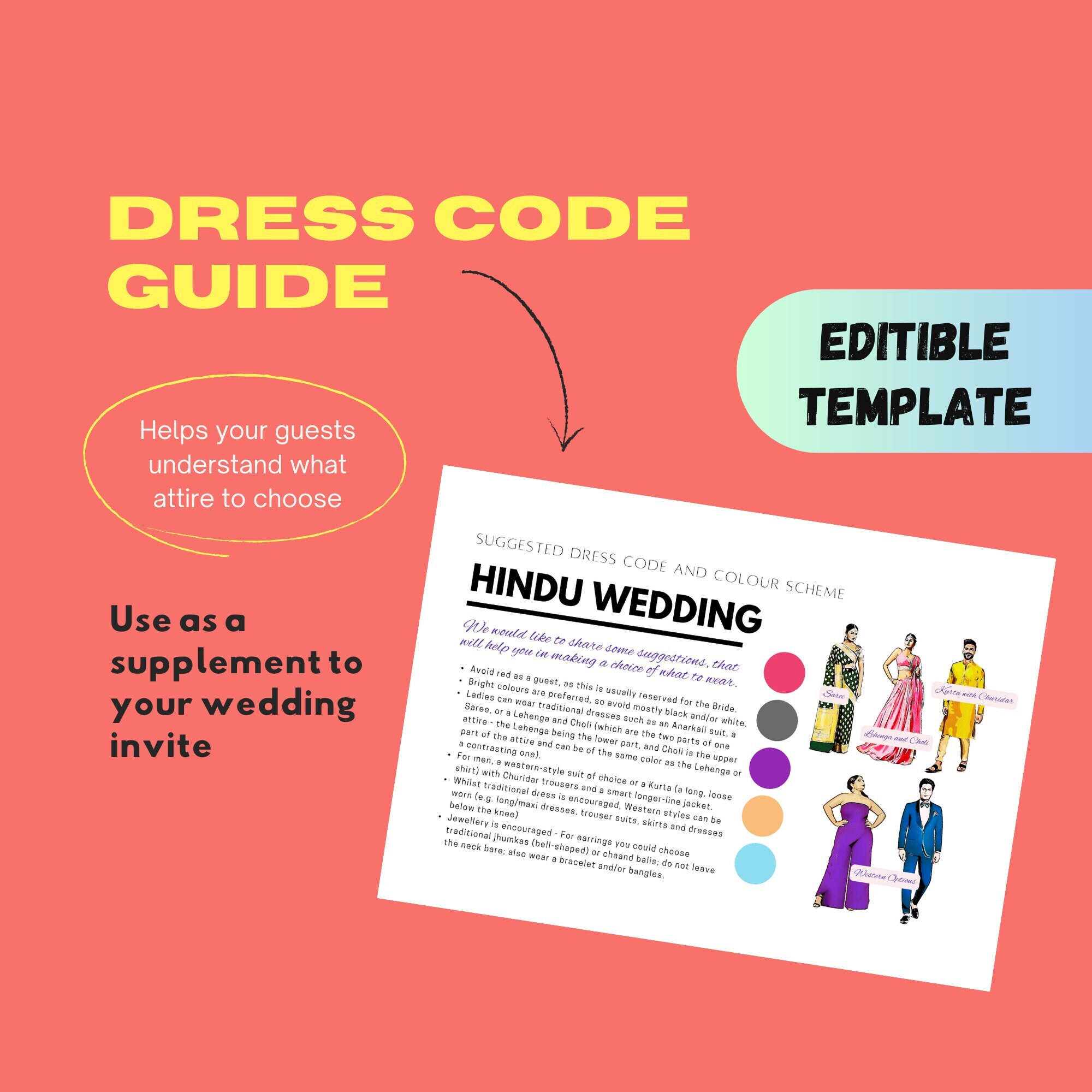EDITABLE TEMPLATE | Printable Hindu Wedding Dress Code Guide Cards for ...
