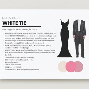 DIGITALE DATEI | White Tie Dress Code Guide für Hochzeiten, Partys, formelle und besondere Anlässe (bearbeitbar) | Gastgeschenk Karte