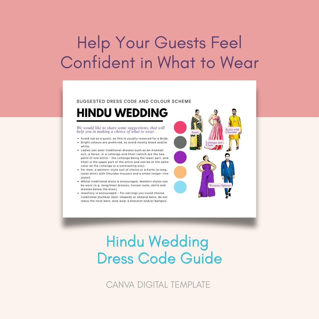 formal indian dress code Hindu Wedding Guide for Guests | Editable Canva Template | Wedding Outfit Guide polyesternbspsize