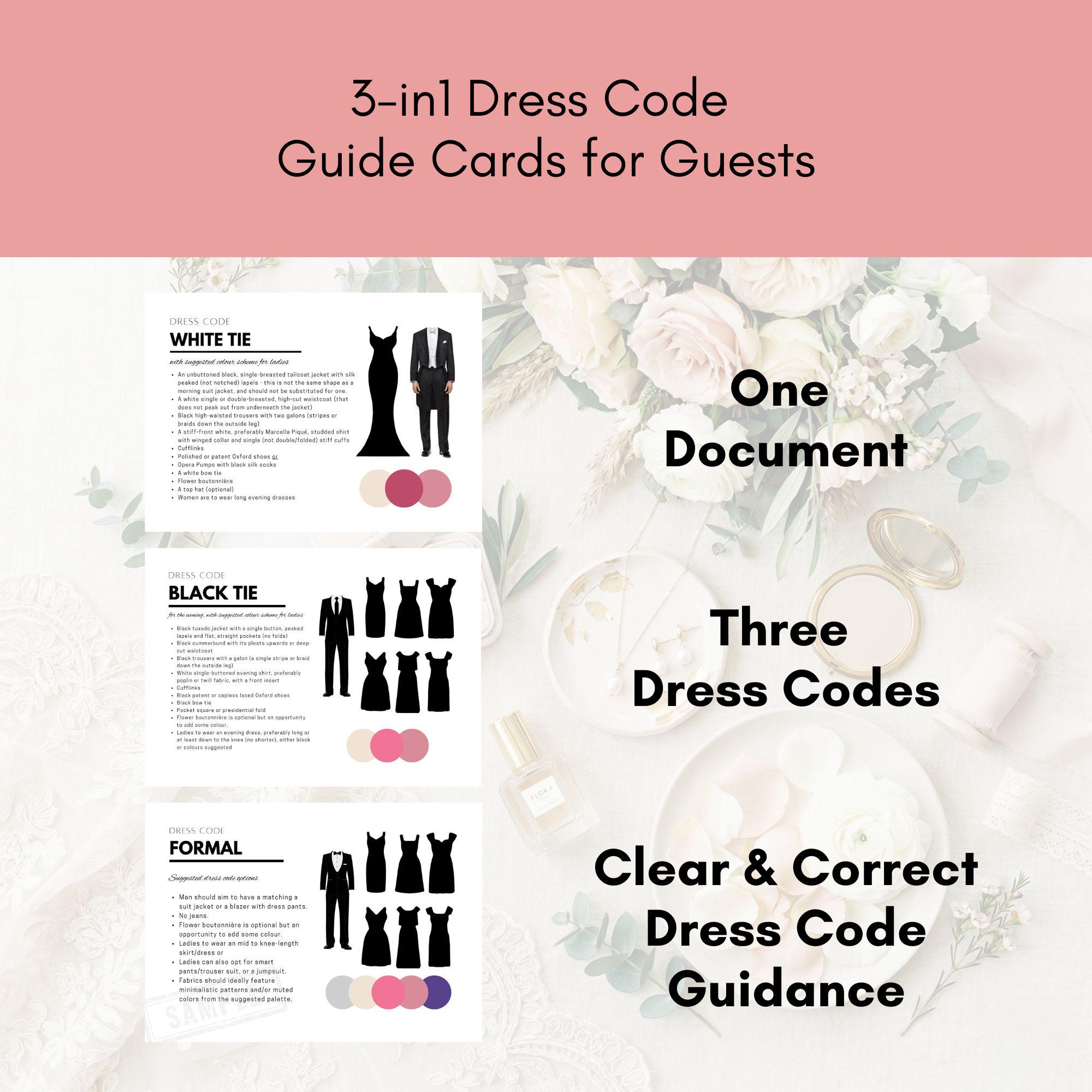 3-in-1 Wedding Dress Code Cards Template | Editable Canva Guide for Guests  | Black Tie, White Tie & Formal Attire | Instant Download - Etsy