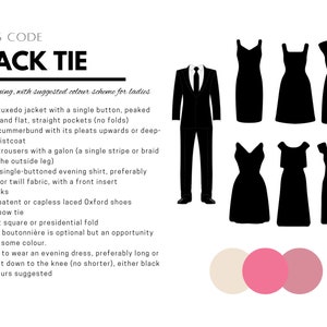 MODELO EDITÁVEL | Guia de código de vestimenta Black Tie (com gravata) para casamentos, festas, ocasiões formais e especiais | Esquema de cores sugerido