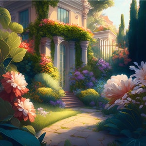 Op de afbeelding: Een wit gebouw met een groene wijnstok die over de ingang groeit. Het gebouw is omgeven door een weelderige tuin met kleurrijke bloemen, waaronder roze, paarse en gele.