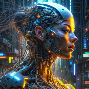May include: A futuristic cyborg woman with a metallic head and body, with intricate wiring and circuitry visible. Her face is partially obscured by the metal, but her eyes and mouth are visible. The background is a blurry cityscape with neon lights.