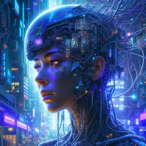 Puede incluir: Una mujer cyborg futurista con una cabeza azul y plateada, cableado intrincado y ojos brillantes. El fondo es una ciudad borrosa con luces de neón.