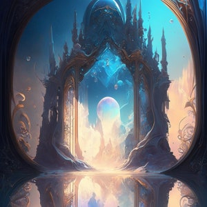 May include: A fantasy illustration of a large, ornate, blue and gold archway with a view of a distant, bright, white, and blue landscape. The archway is made of stone and metal and is decorated with intricate carvings. The landscape is filled with clouds and mountains.