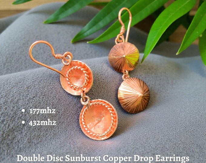 Double Disc Sunburst Copper Drop Earrings, Handcrafted Artisan Copper Jewelry, Sacred Geometry Earrings for Everyday Wear