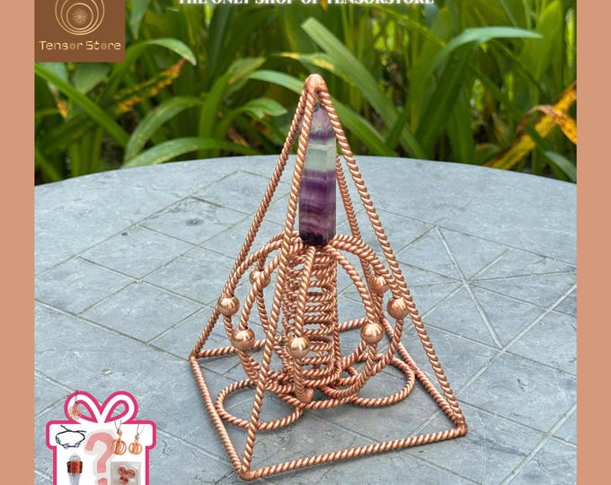 Amethyst Crystal Pyramid: Red Copper Energy Harmonizer, Sacred Geometry Decor