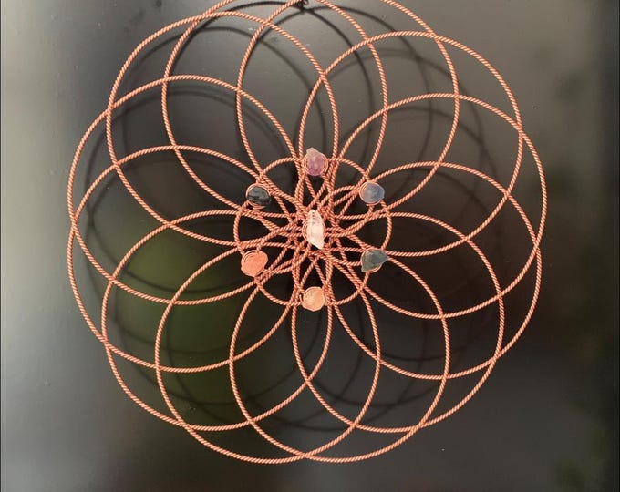 Featured listing image: Flower of Life Tensor Ring Combine With 7 Chakra Crystals, Copper Energy Grid, EMF Protection, Chakra Healing, Sacred Geometry