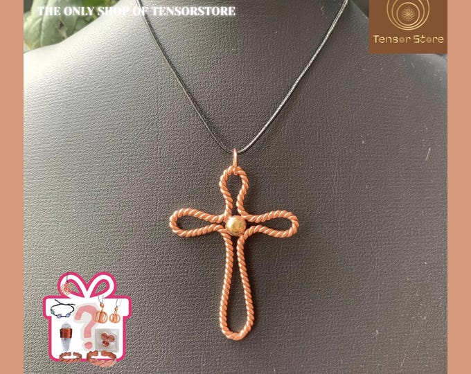 Copper Cross Pendant Necklace, Handmade Faith Jewelry, Sacred Geometry Copper Tensor Necklace, Grounding Spiritual Gift for Christian