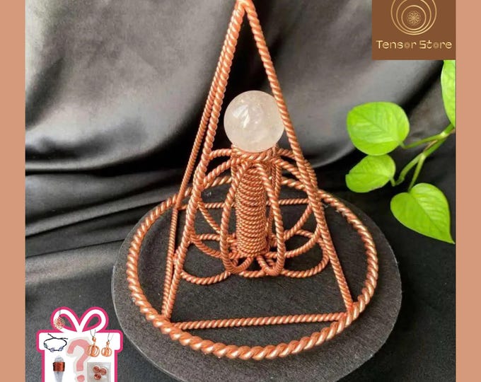 Red Copper Tensor Pyramid: Quartz Sphere, Sacred Geometry Meditation Tool