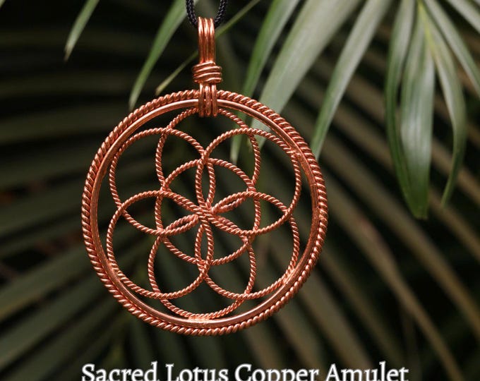 Sacred Lotus Copper Amulet, 7cm Geometric Mandala Pendant, Twisted Copper Wire Necklace, Spiritual Talisman, Boho Meditation Jewelry