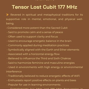 May include: A brown graphic with the text "Tensor Store" and "Tensor Lost Cubit 177 MHz." The text describes the cubit's role in spiritual and metaphysical traditions, promoting calm, clarity, and energetic balance.
