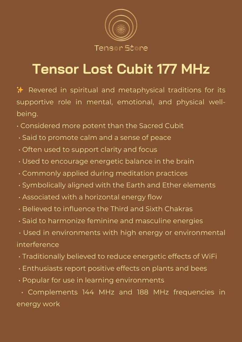 May include: A brown graphic with the text "Tensor Store" and "Tensor Lost Cubit 177 MHz." The text describes the cubit's role in spiritual and metaphysical traditions, promoting calm, clarity, and energetic balance.