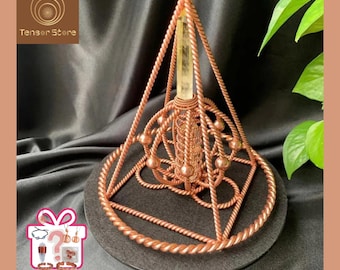 Citrine Crystal Pyramid: Red Copper Energy Harmonizer, Sacred Geometry Decor