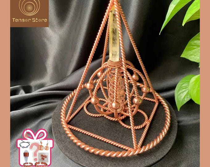 Citrine Crystal Pyramid: Red Copper Energy Harmonizer, Sacred Geometry Decor