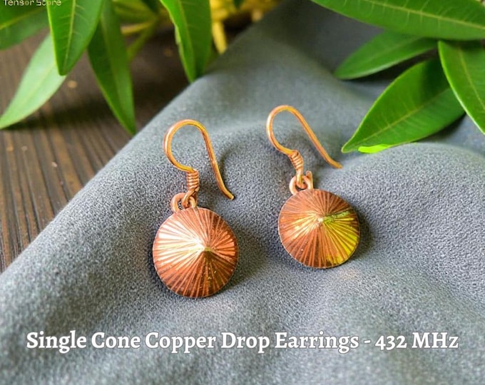 Single Cone Copper Drop Earrings, Handcrafted Sunburst Copper Jewelry, Minimal Sacred Geometry Earrings with 432 MHz Concept