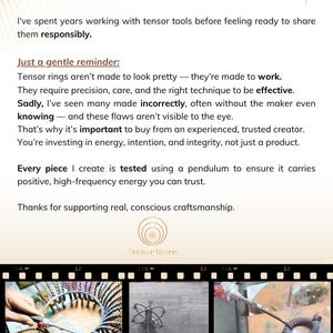 May include: The image displays text that reads "This is our only official shop of Tensor Store on Etsy." The text also includes a reminder about tensor rings and their creation. The bottom of the image shows three film strip images of the tensor rings.
