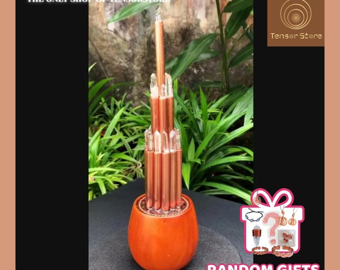 19 Copper Orgone Tower Quartz Crystals, Cloudbuster Style, EMF-Aware Energy Clearing Tool, Wooden Base, Meditation Accessory